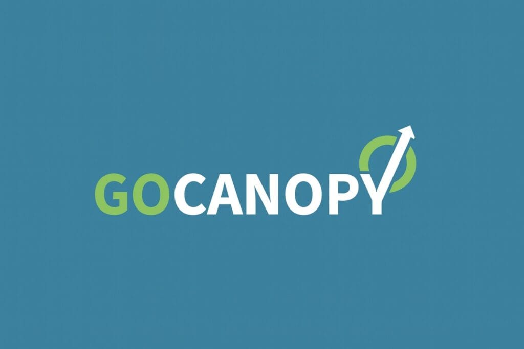 GoCanopy logo on teal background with upward arrow symbolizing growth in AI real estate SaaS.