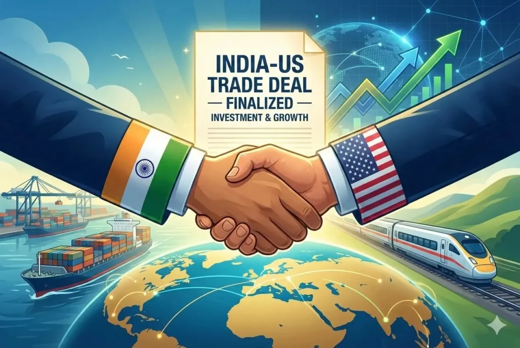 Visual representation of the historic India-US trade deal finalization and its economic impact. Illustration depicting the finalized India-US trade deal handshake between two nations, symbolizing boosted investment opportunities and global economic growth through shipping, rail, and market collaboration.