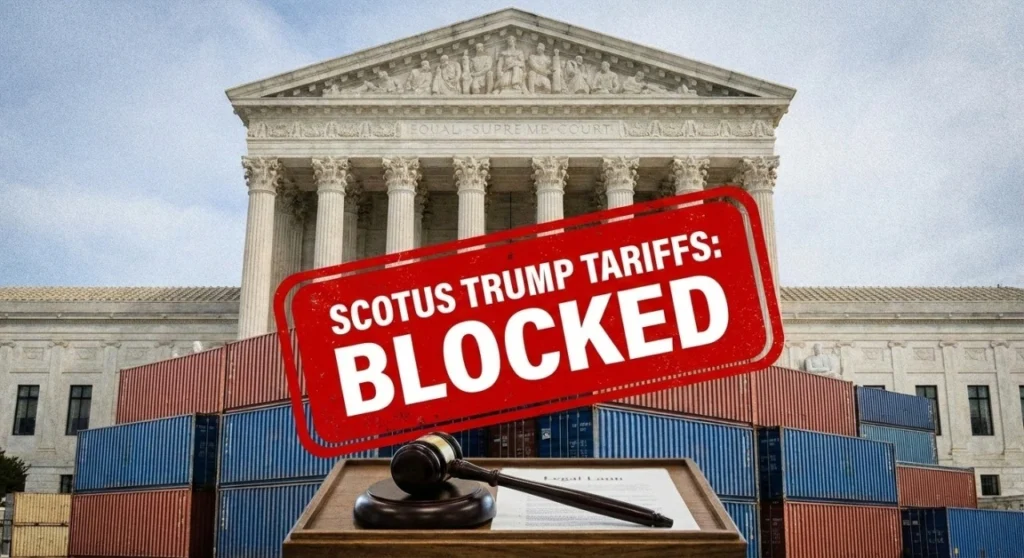 Composite image showing the US Supreme Court building behind stacked shipping containers and a legal gavel, with a large red stamp overlay reading "SCOTUS TRUMP TARIFFS: BLOCKED".