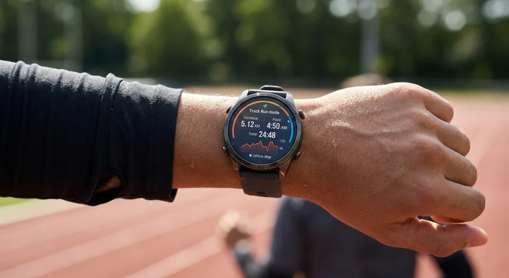 Runner's Smartwatch Displaying Track Run Data A close-up of a runner's wrist wearing the Amazfit Active 3 Premium which displays real-time track run data, pace, and heart rate metrics during an outdoor workout.