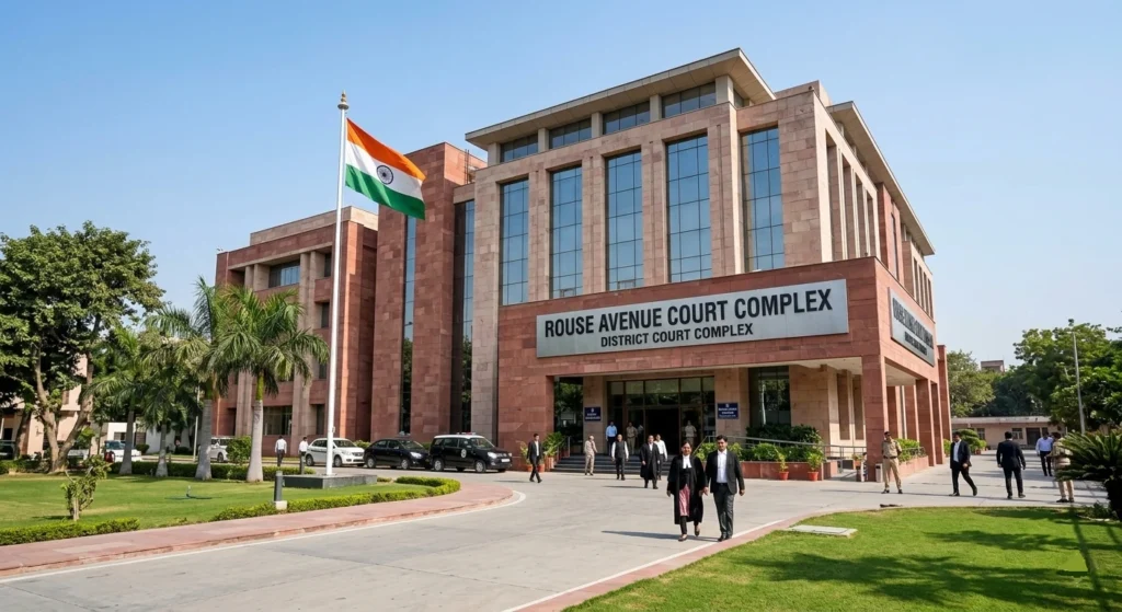 Rouse Avenue Court Complex building in New Delhi with Indian flag, the location where Arvind Kejriwal was acquitted in the excise policy case.