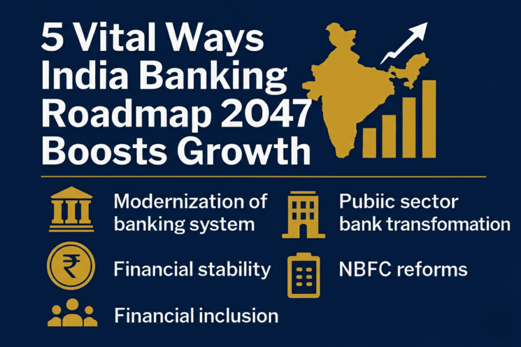India Banking Roadmap 2047: Strategic Growth Pillars. Infographic detailing the 5 vital ways the India Banking Roadmap 2047 will boost economic growth and transform public sector banks.