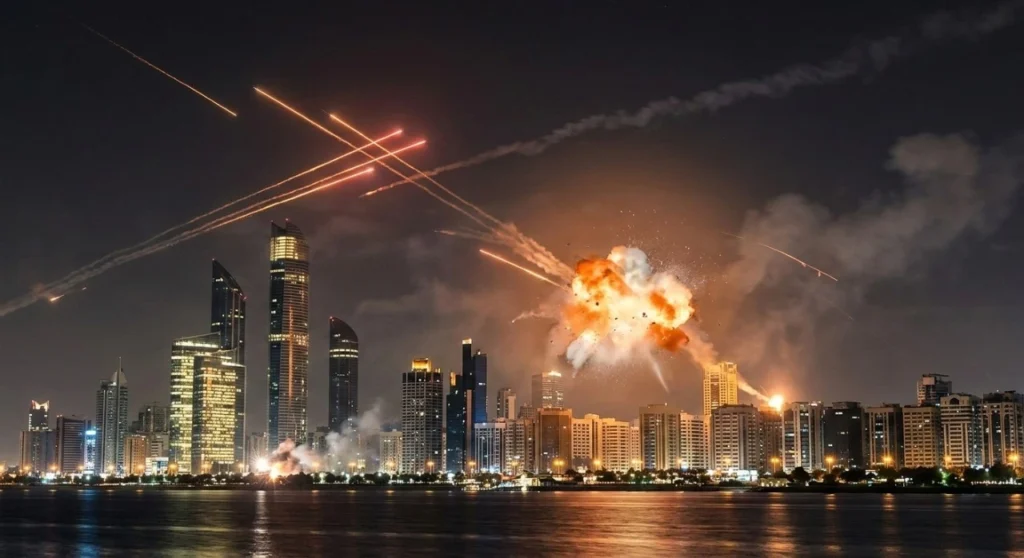 Missile Interceptions Over City Skyline - Iran Israel Conflict 2026 A night-time view of a coastal city skyline with multiple orange missile streaks and bright mid-air explosions over high-rise buildings during the Iran Israel conflict.