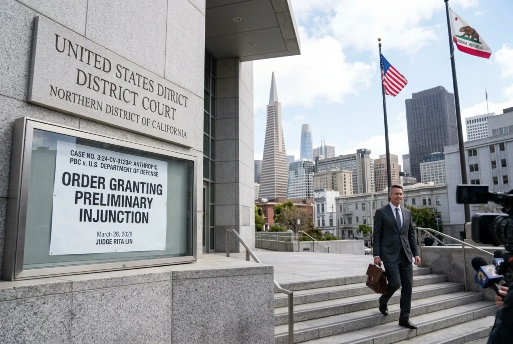 Man leaving a San Francisco federal courthouse, with an official court order for a preliminary injunction in the Anthropic v. DoD case prominently displayed in the foreground.