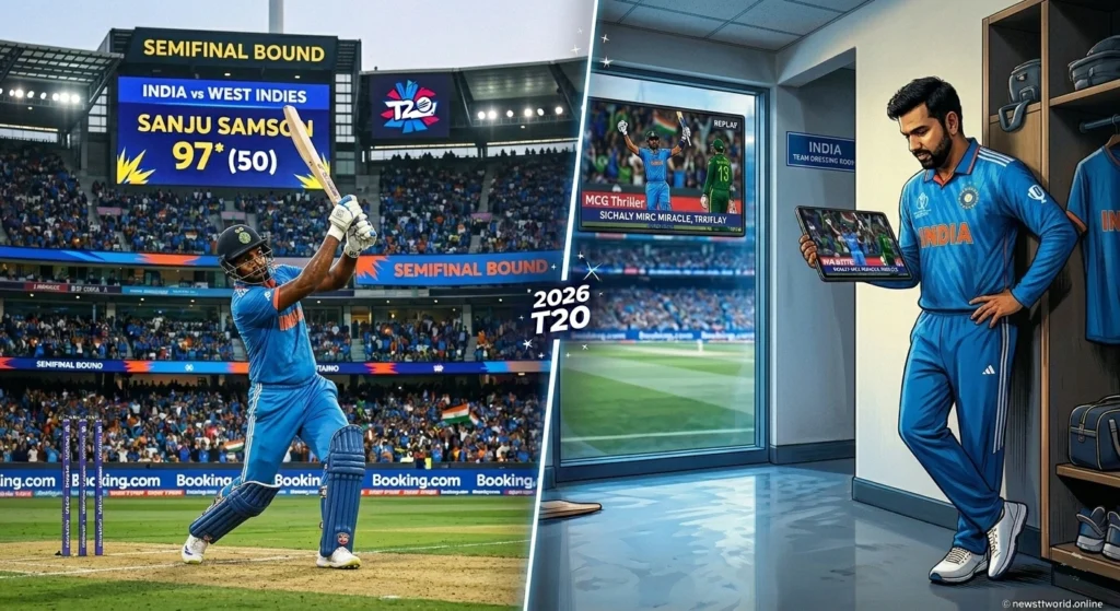 A split-screen showing Sanju Samson hitting a shot with a scoreboard of 97* and Rohit Sharma reflecting in the dressing room on T20 World Cup secrets.