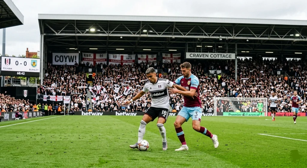 Intense Battle: Fulham vs. Burnley at Craven Cottage A dynamic photo from Craven Cottage of a Fulham vs. Burnley match, showing two players battling for the ball with a packed, historic stand and a 0-0 scoreboard in the background.