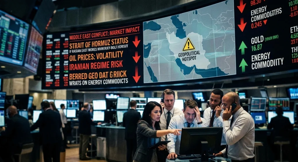 Financial Traders Analyzing Middle East Conflict Market Impact and Commodity Volatility A group of financial analysts on a busy trading floor intently review market data showing the impact of Middle East conflict and rising oil prices.
