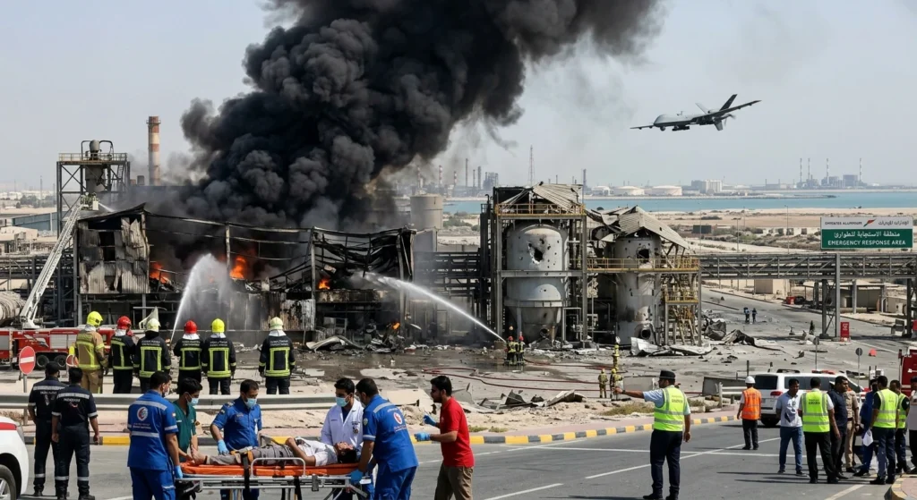 Emergency responders at a burning industrial facility with an overhead drone.