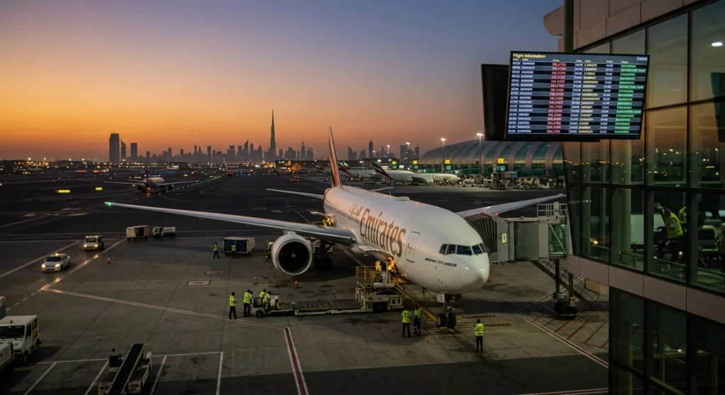 Emirates aircraft at a gate in Dubai International Airport at sunset with the Burj Khalifa skyline in the background as Dubai flights resume.