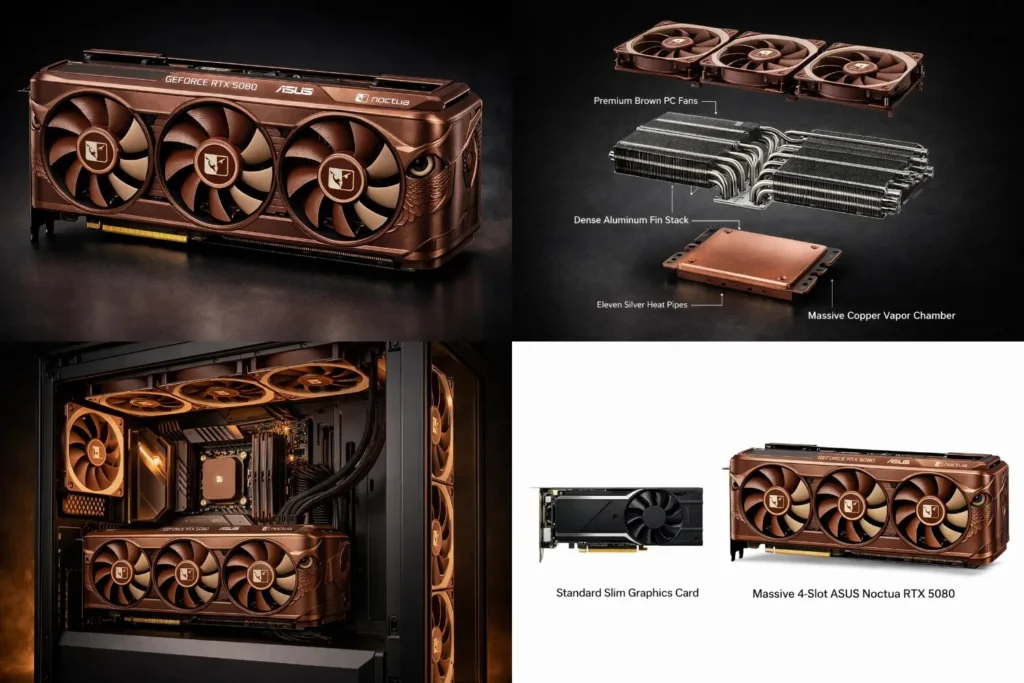 ASUS RTX 5080 Noctua Edition graphics card overview showing tri-fan design, advanced GPU cooling system, gaming PC build, and 4-slot size comparison.