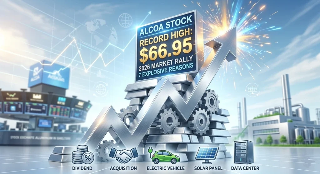 Conceptual graphic of Alcoa Stock reaching a $66.95 record high, supported by an aluminum trend arrow and key growth driver icons in a digital market.