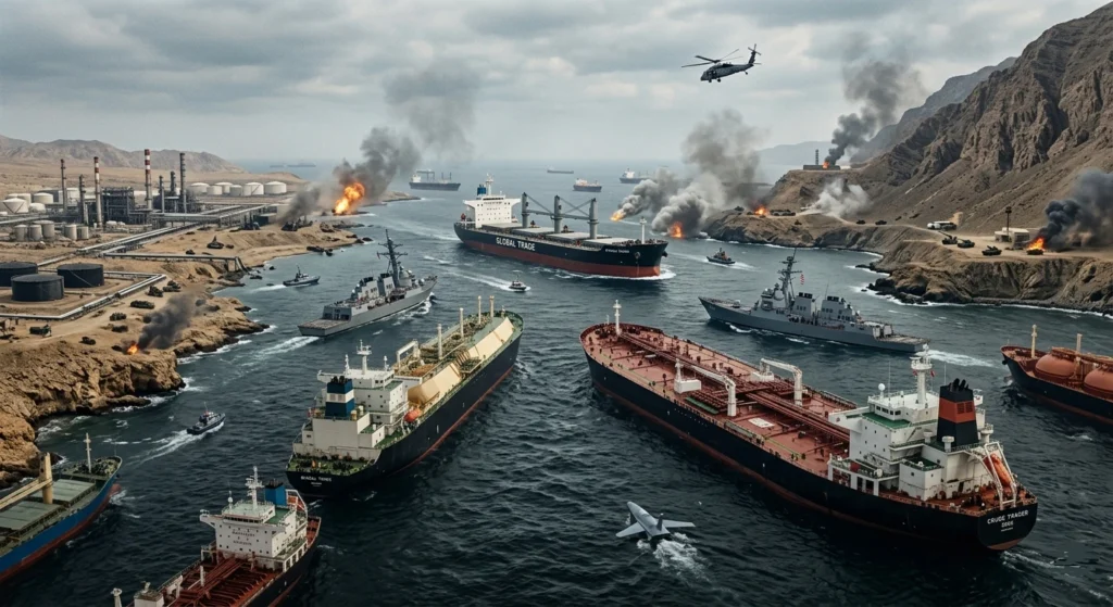 Naval Conflict in Strategic Oil Passage Global Energy Markets under threat as naval conflict disrupts oil trade routes near refineries and cargo ships.