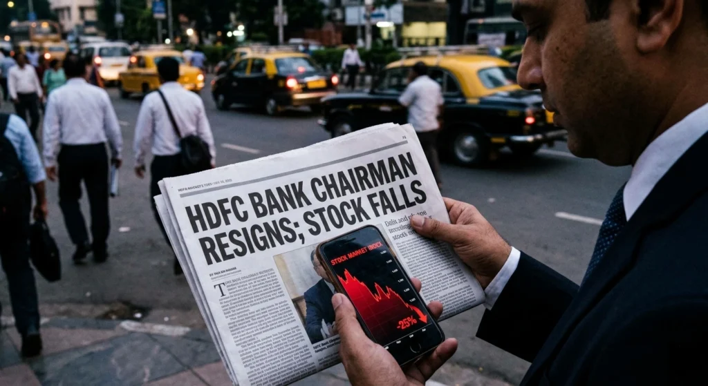 Image for article: HDFC Bank Stock Falls After Chairman Atanu Chakraborty's Resignation An image depicting a person looking at a downward stock chart on a smartphone while holding a newspaper headlined 'HDFC Bank Chairman Resigns; Stock Falls', illustrating the article's theme.