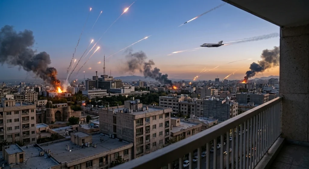 Iran War Military Escalation Cityscape Cityscape of a Middle Eastern metropolis at dusk showing smoke plumes from strikes, missile trails in the sky, and a fighter jet flying over residential buildings during the Iran War.