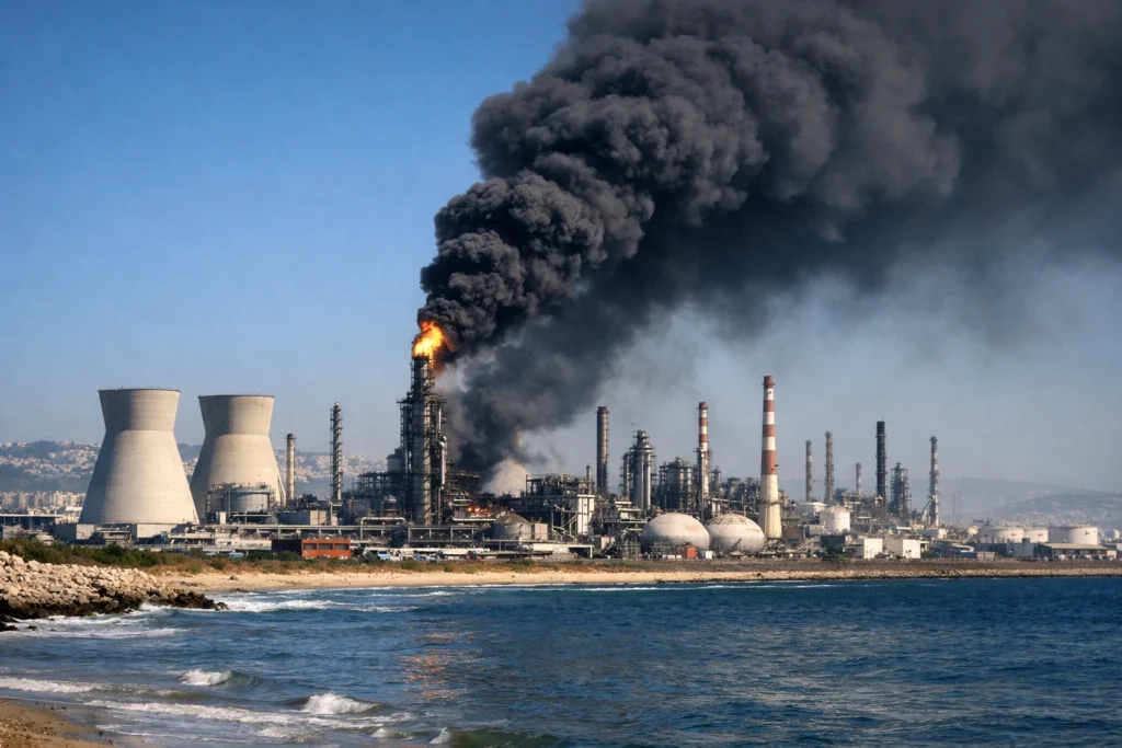 A direct Iranian attack on Haifa targets the Bazan oil refinery, showing thick black smoke billowing from industrial towers and emergency fire crews responding on the ground.