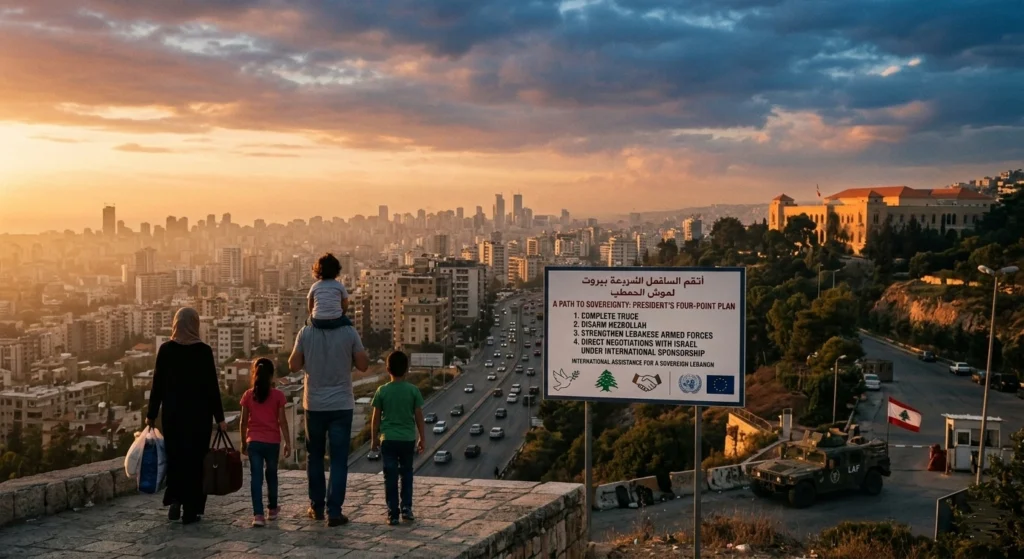 Lebanon’s Bold Plan for Peace and Stability in 2026 A family overlooking Beirut city at sunset with a sign detailing Lebanon’s Bold Plan for a four-point peace proposal and direct negotiations with Israel.
