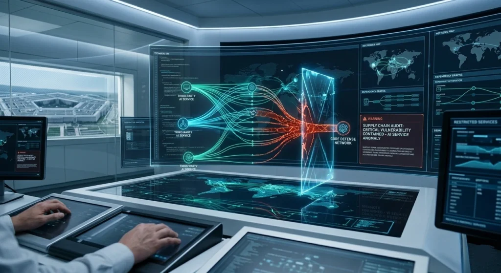 A high-tech military command center displaying a digital firewall blocking data streams, representing the Pentagon Anthropic supply chain risk and AI security protocols.