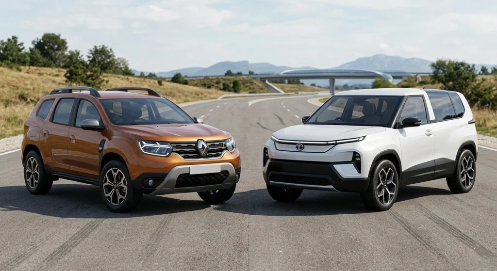 Renault Duster vs Tata Sierra: A side-by-side comparison of two SUVs on an asphalt track.
