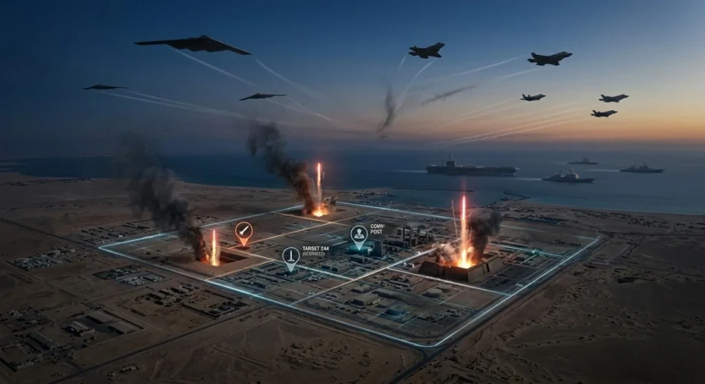 Conceptual digital map of the US assault Iran showing Operation Epic Fury air strikes on military command centers and missile sites.