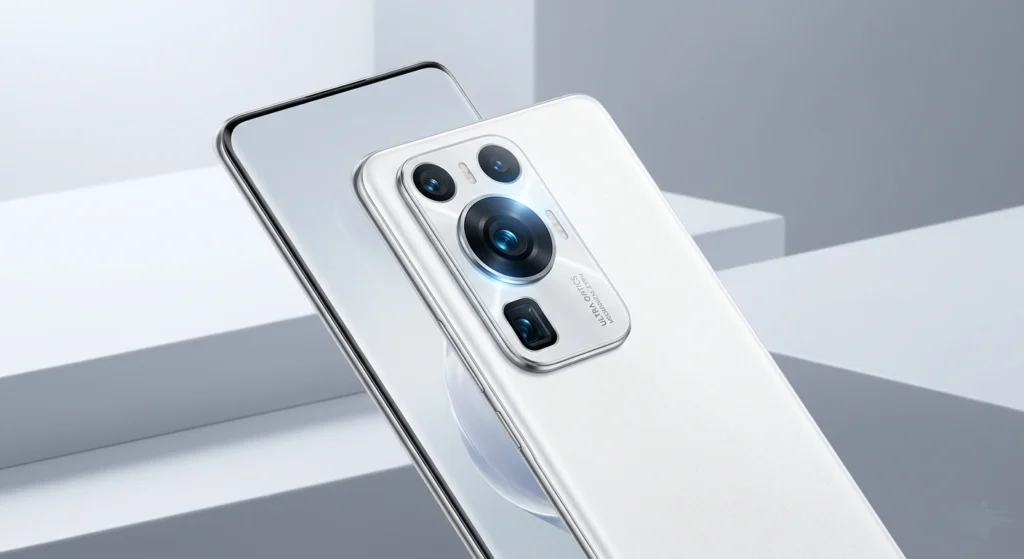Advanced Camera Smartphone with Ultra Optics on Geometric Plinths Rear view of a white Xiaomi 17 Ultra smartphone highlighting its advanced "ULTRA OPTICS" multi-lens camera array against a minimalist geometric background.